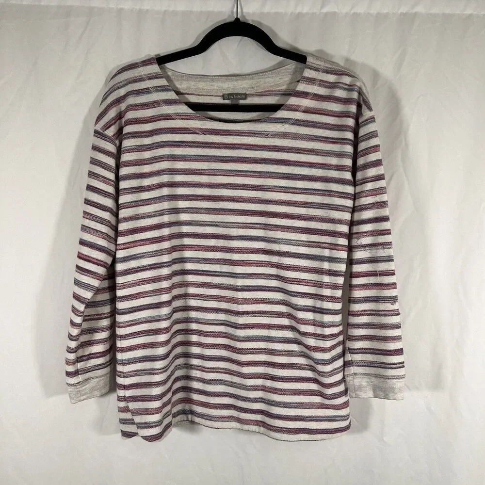 T Talbots Sweater Women's Medium Petite Pink White Striped Long Sleeve
